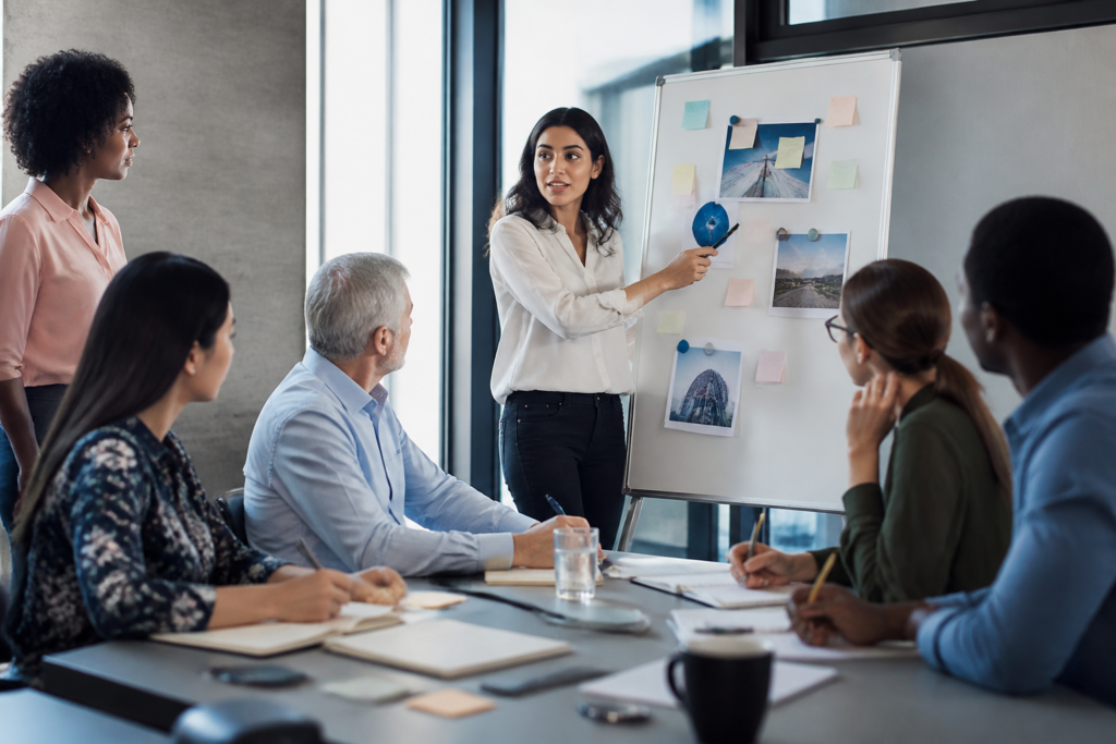 Personnes en formation professionnelle discutant autour d'une table moderne