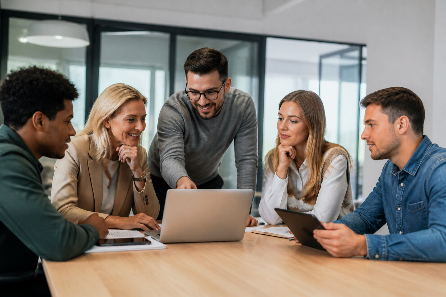 Séance de formation professionnelle en groupe avec outils numériques