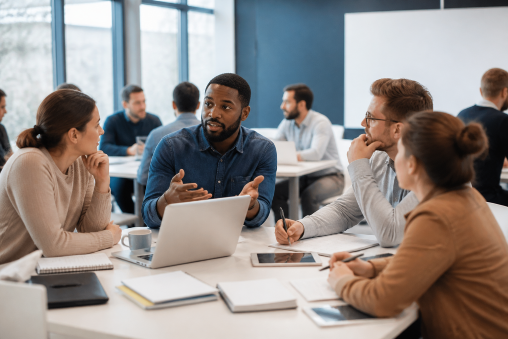 Participants en formation professionnelle utilisant ordinateurs et prenant des notes