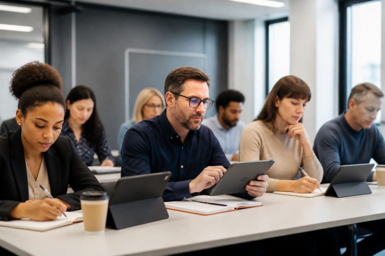 Participants en formation professionnelle en salle avec tablettes et carnets