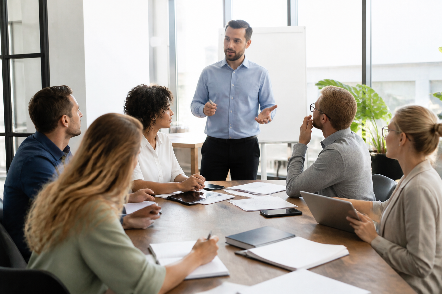 Travailleurs indépendants en formation professionnelle dans une salle moderne
