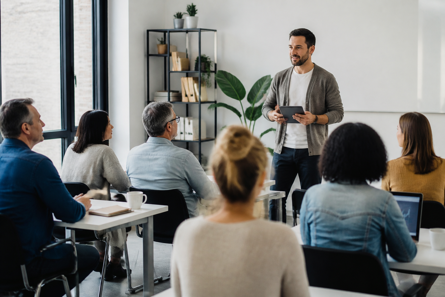 Séance de formation professionnelle en groupe avec formateur et participants utilisant une tablette