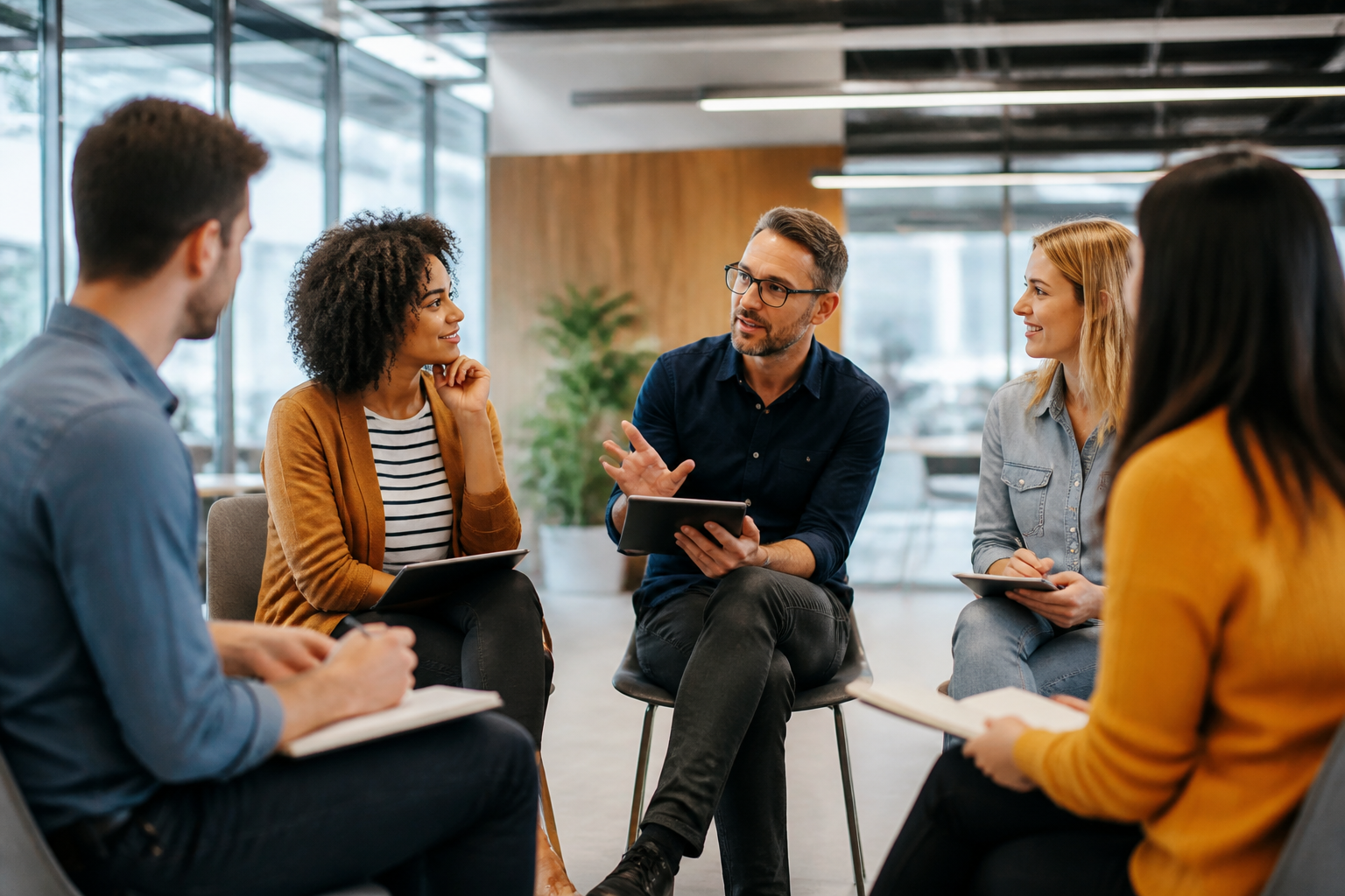 Groupe de professionnels en formation, échange autour d’un projet