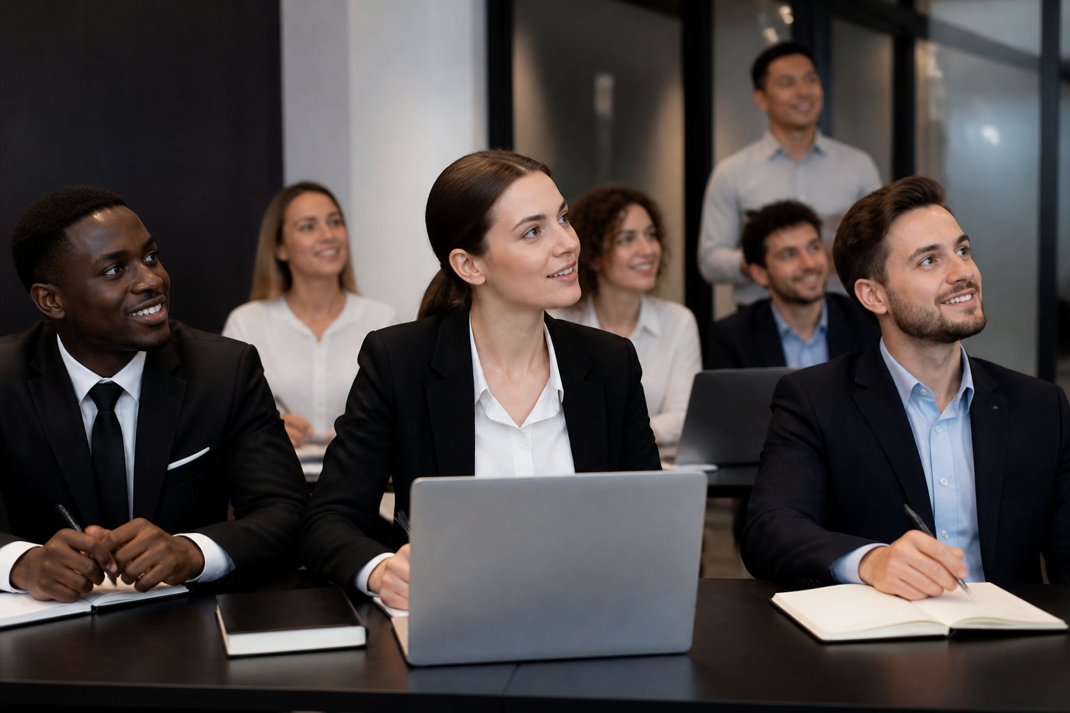 Professionnels hôtellerie en formation avec ordinateurs et carnets