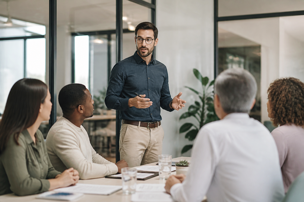 Manager expliquant un projet de formation à ses collègues en réunion