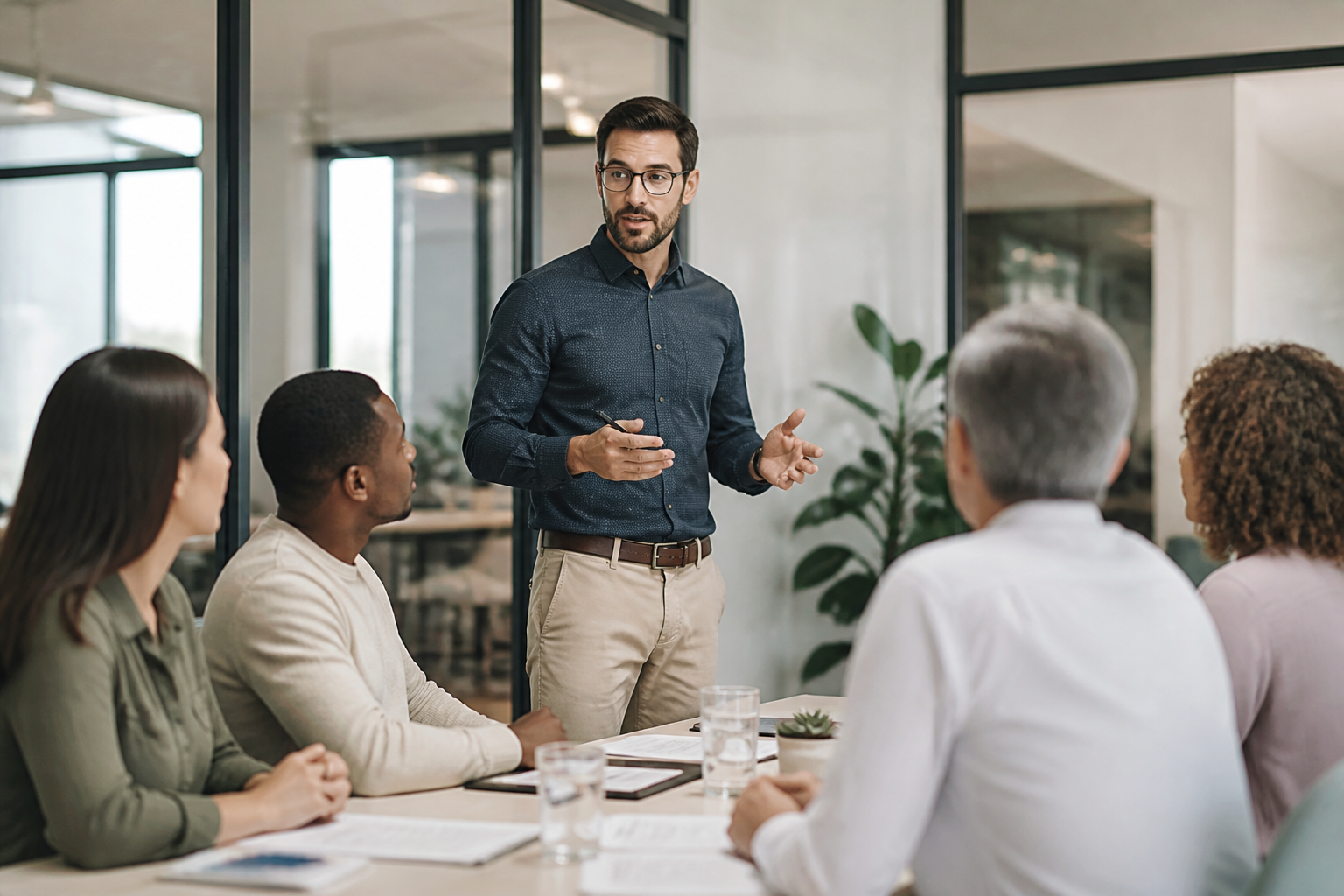 Manager expliquant un projet de formation à ses collègues en réunion