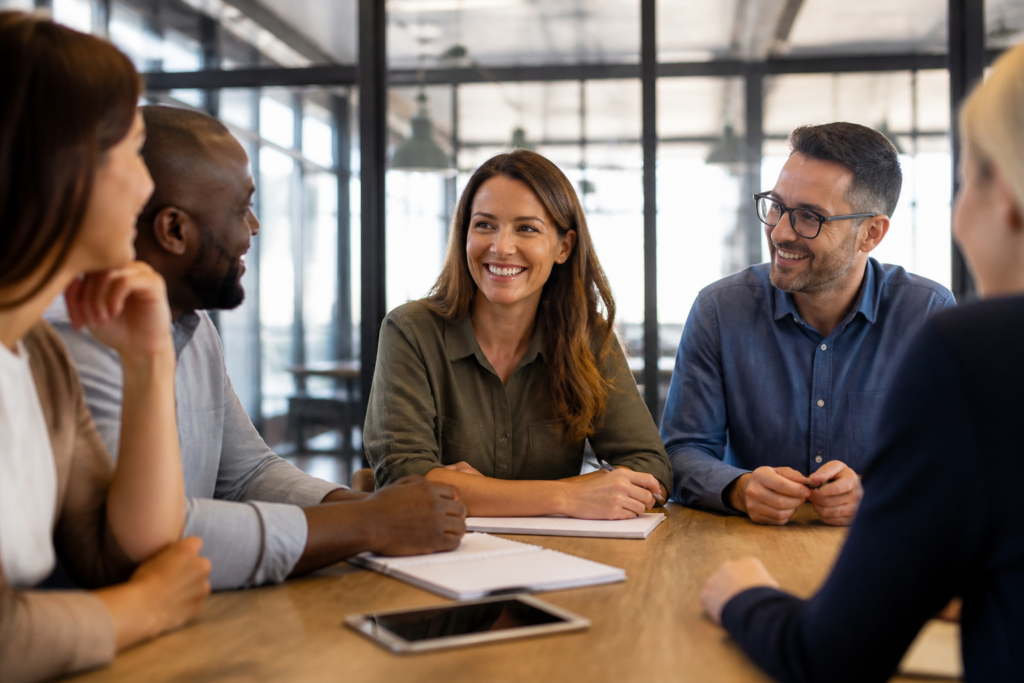 Professionnels en réunion de travail préparant une formation