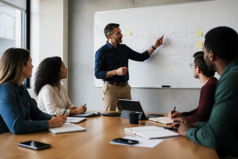 Session de formation professionnelle en entreprise avec un manager expliquant un schéma