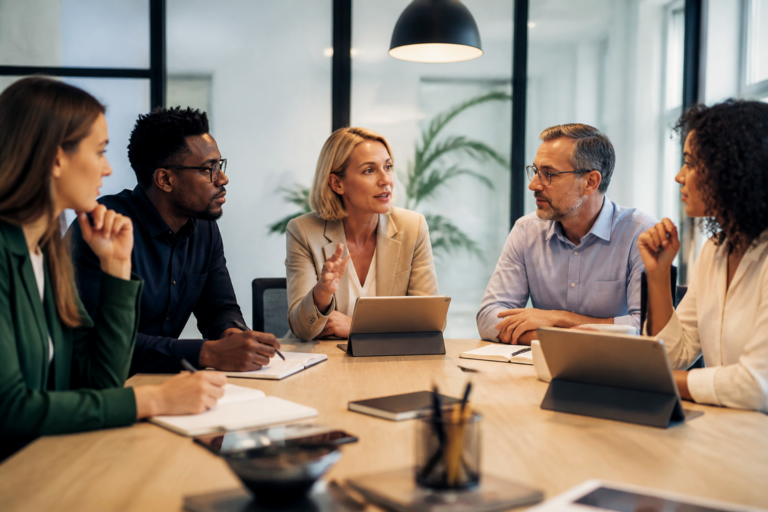 Réunion de travail collaborative en entreprise pour planification de formation