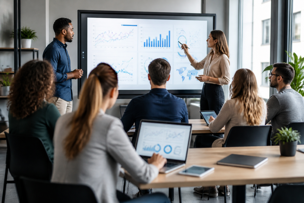 Participants à une formation professionnelle en salle moderne avec tableau numérique