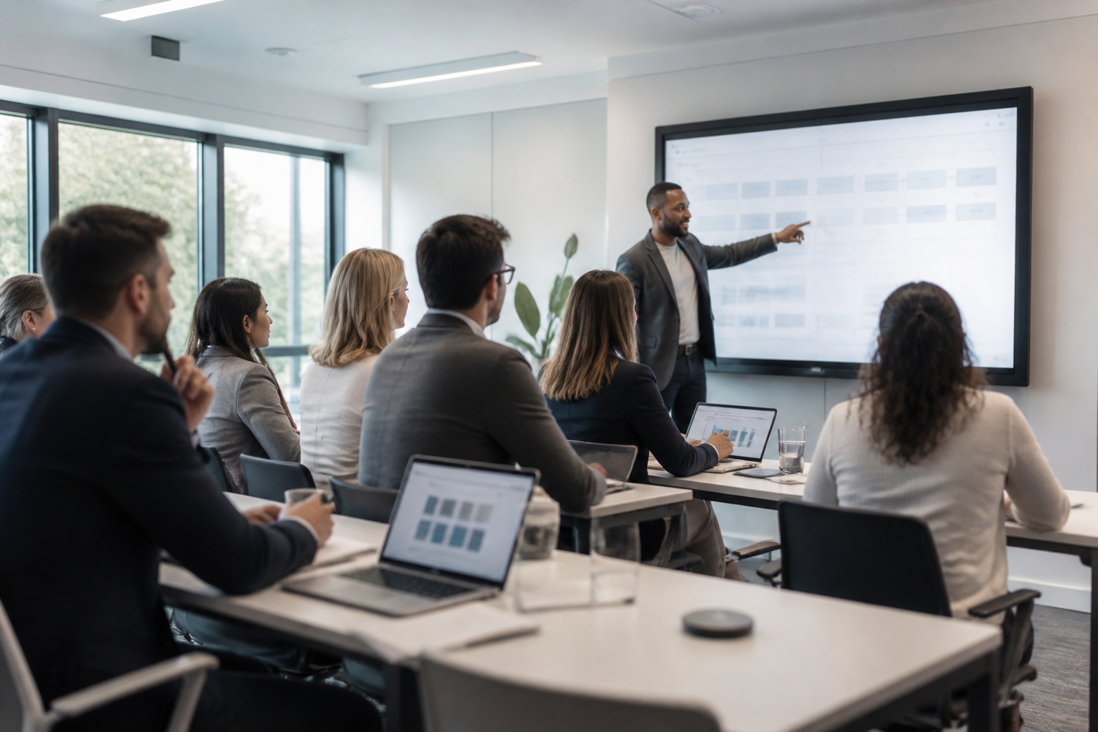 Professionnels en formation au sein d'une salle moderne avec un formateur