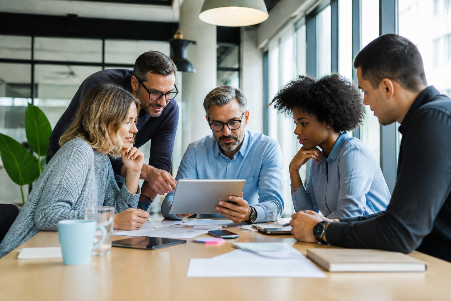 Professionnels en formation continue en réunion collaborative avec une tablette numérique