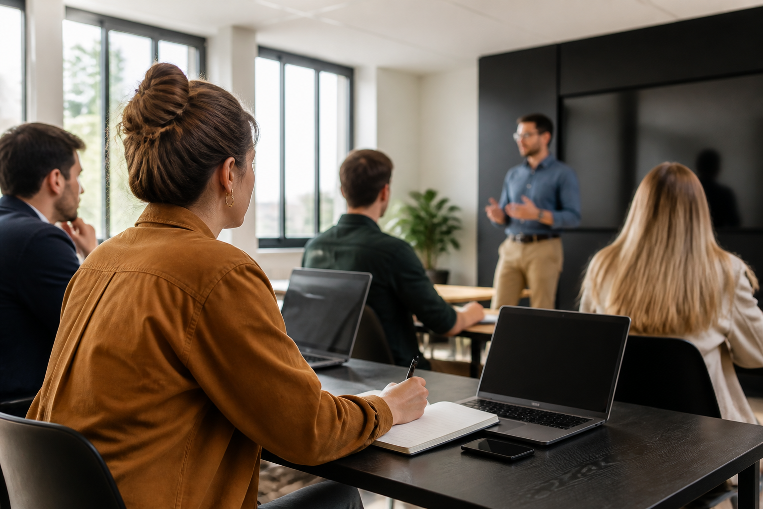 Participants à une formation professionnelle en salle moderne avec ordinateur et carnet