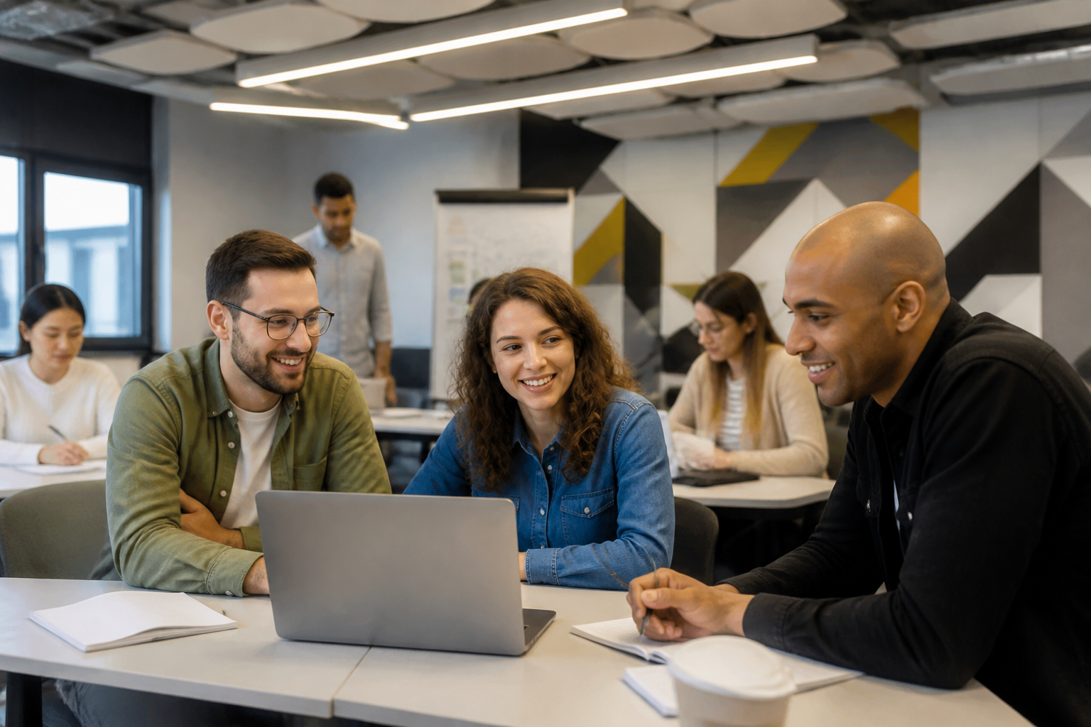 Session de formation professionnelle en groupe dans une salle moderne