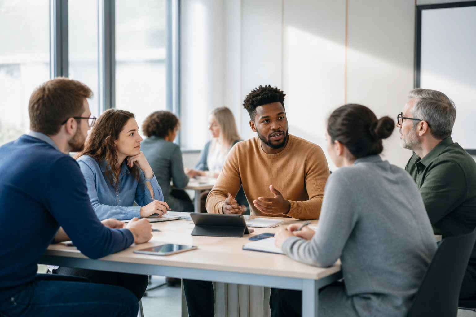 Groupe de personnes en formation professionnelle en réunion de travail