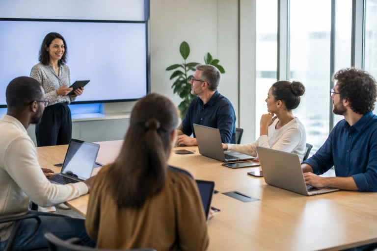 Professionnels en formation informatique en salle de formation