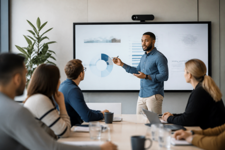 Session de formation professionnelle en groupe dans un environnement moderne