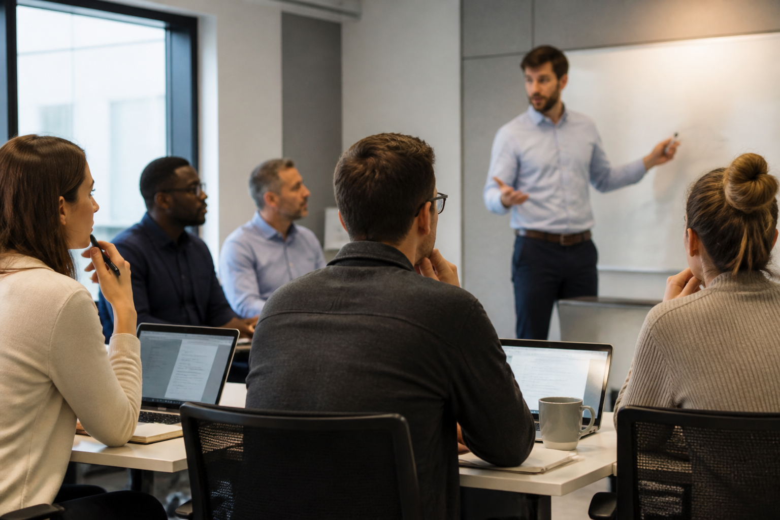 Professionnels en formation en salle moderne avec tableau blanc