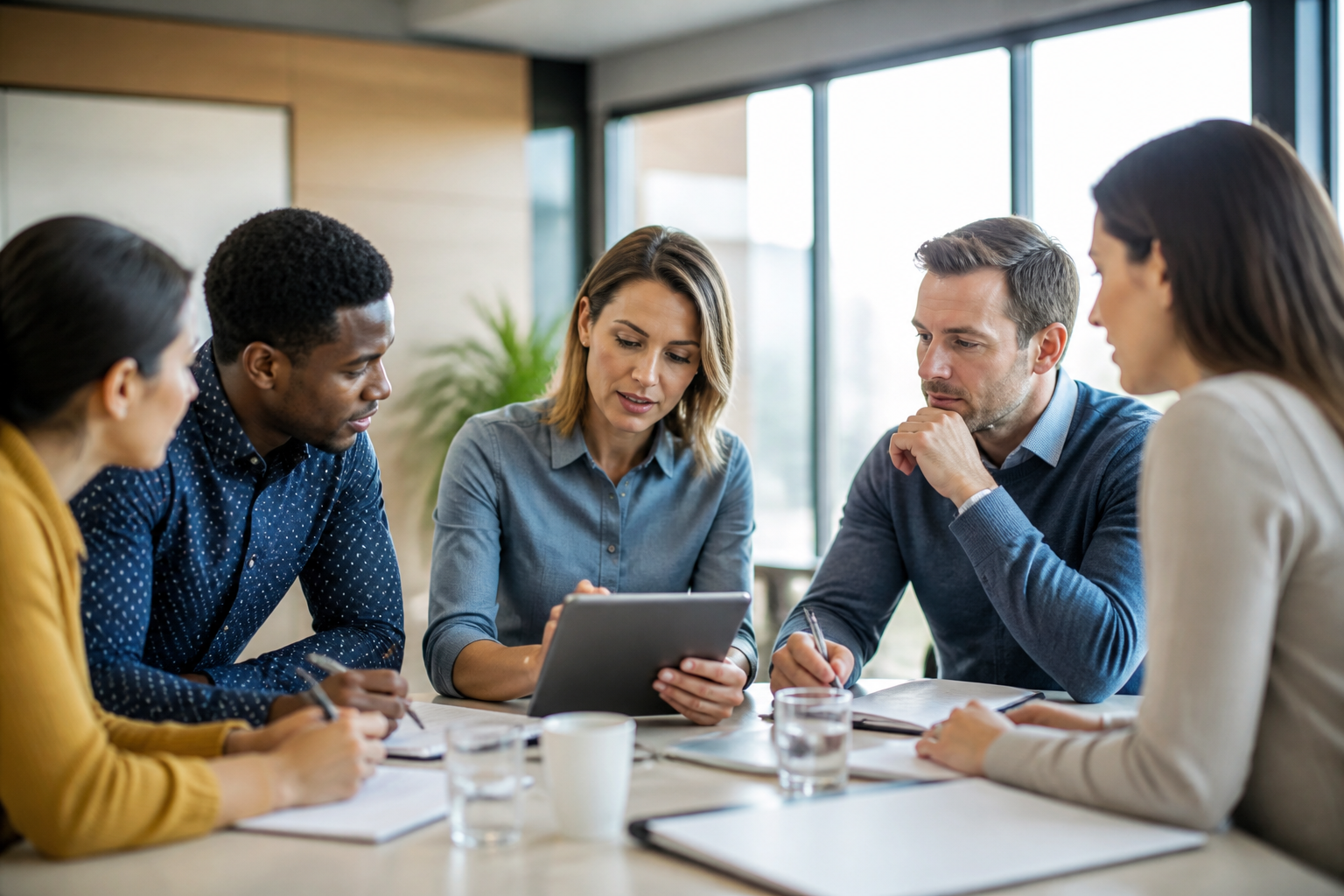 Professionnels en formation collaborative avec supports numériques
