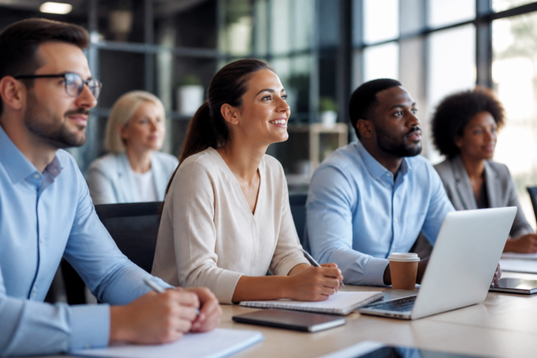 Séance de formation professionnelle en groupe avec supports numériques