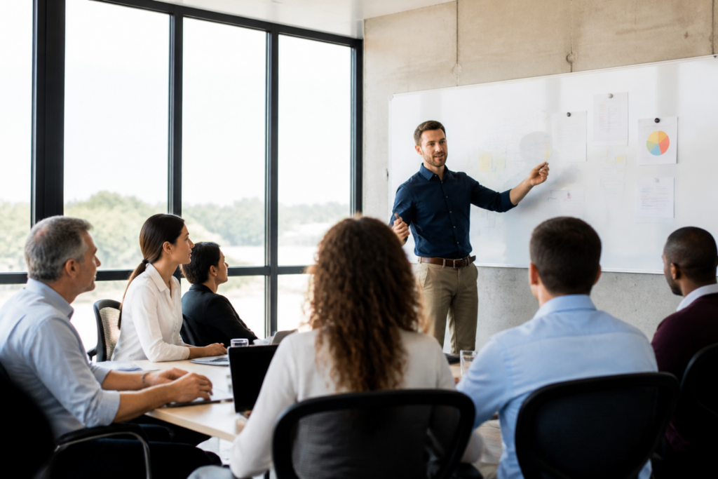 Professionnels en formation avec formateur expliquant un tableau blanc