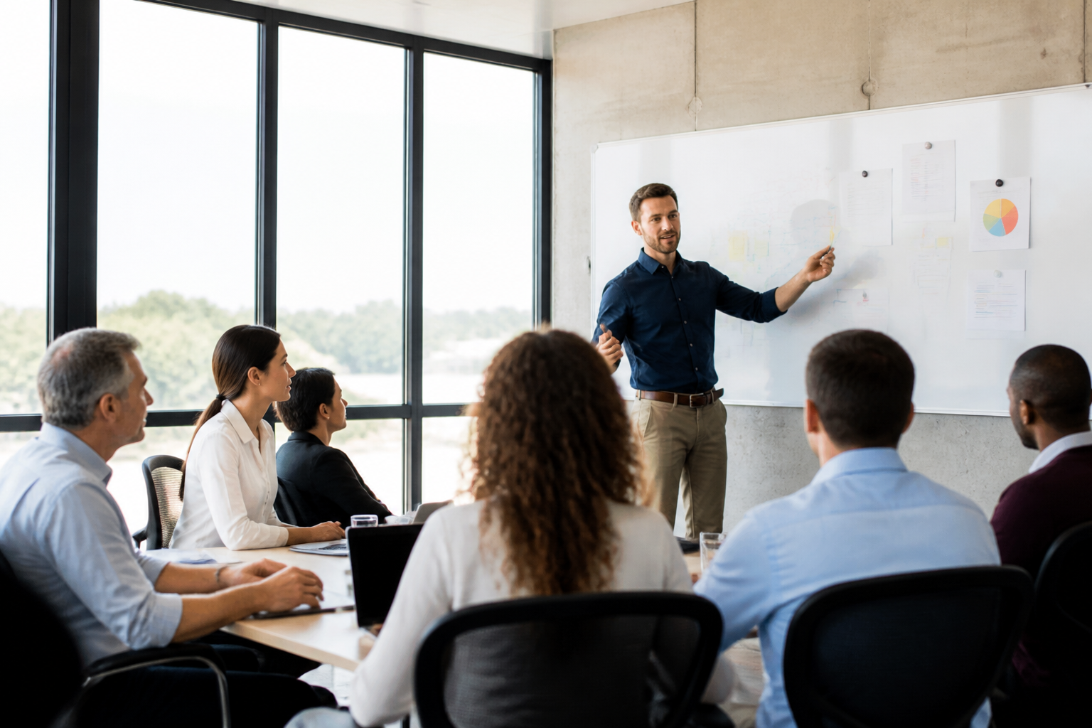 Professionnels en formation avec formateur expliquant un tableau blanc