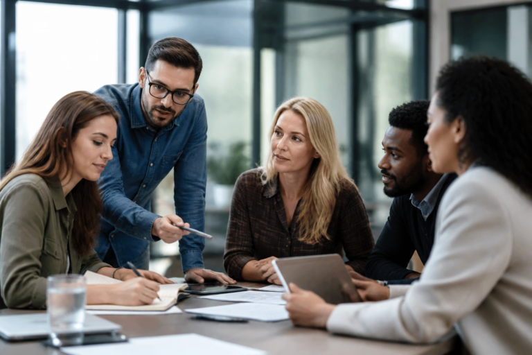 Professionnels en réunion de travail collaboratif autour d’un projet de formation