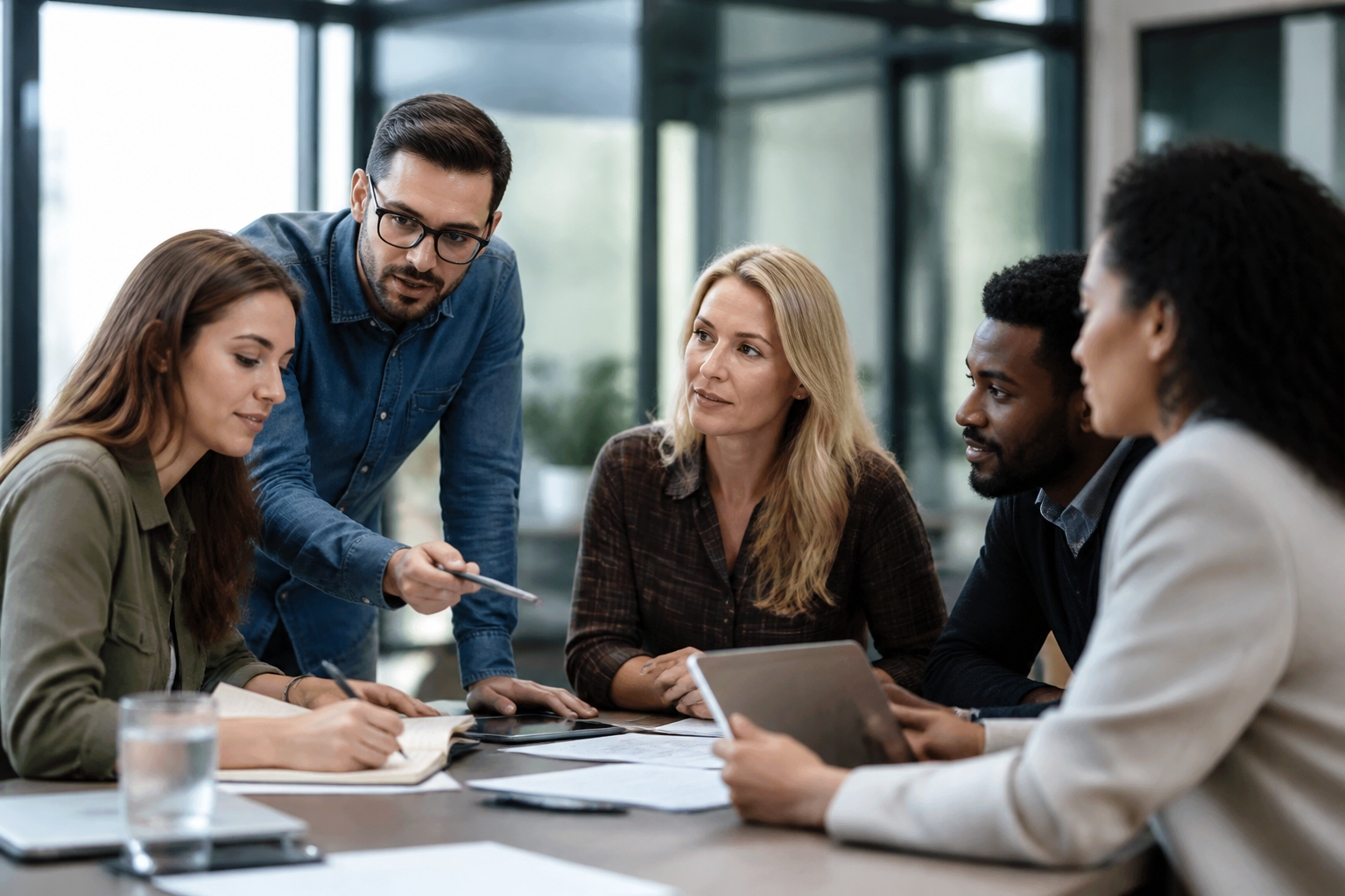 Professionnels en réunion de travail collaboratif autour d’un projet de formation