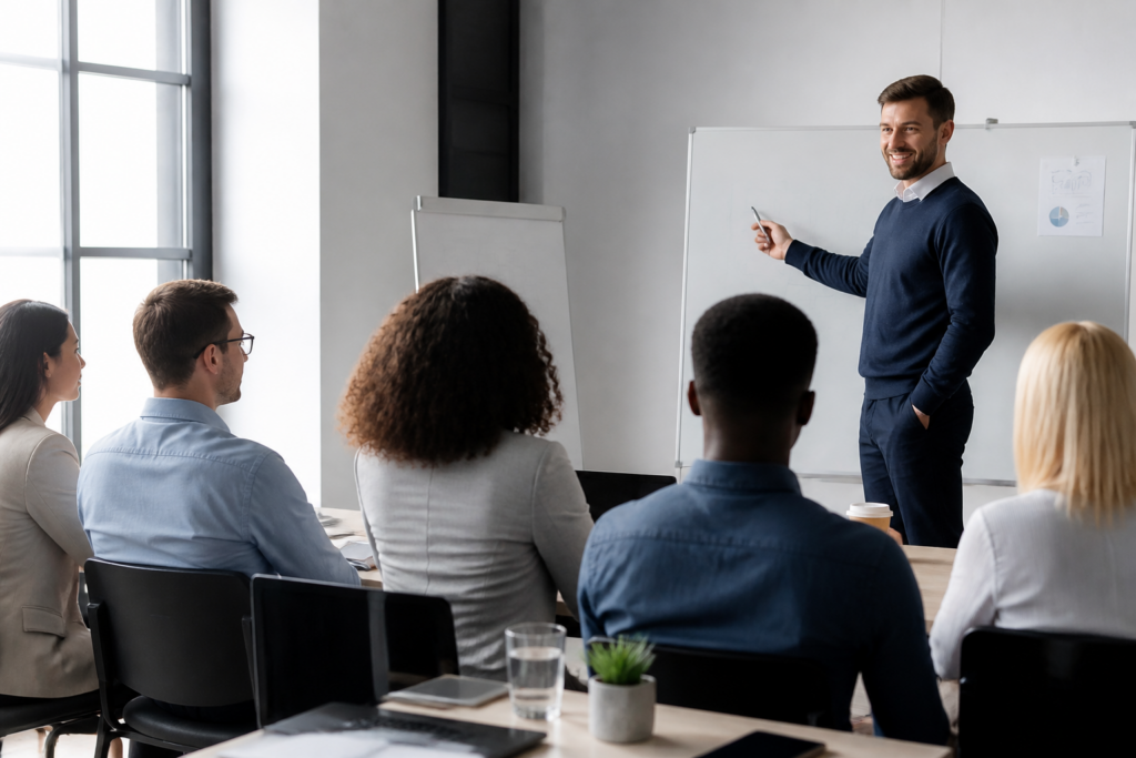 Séance de formation professionnelle avec un formateur et des participants attentifs dans un bureau moderne