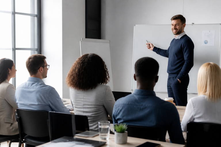 Séance de formation professionnelle avec un formateur et des participants attentifs dans un bureau moderne