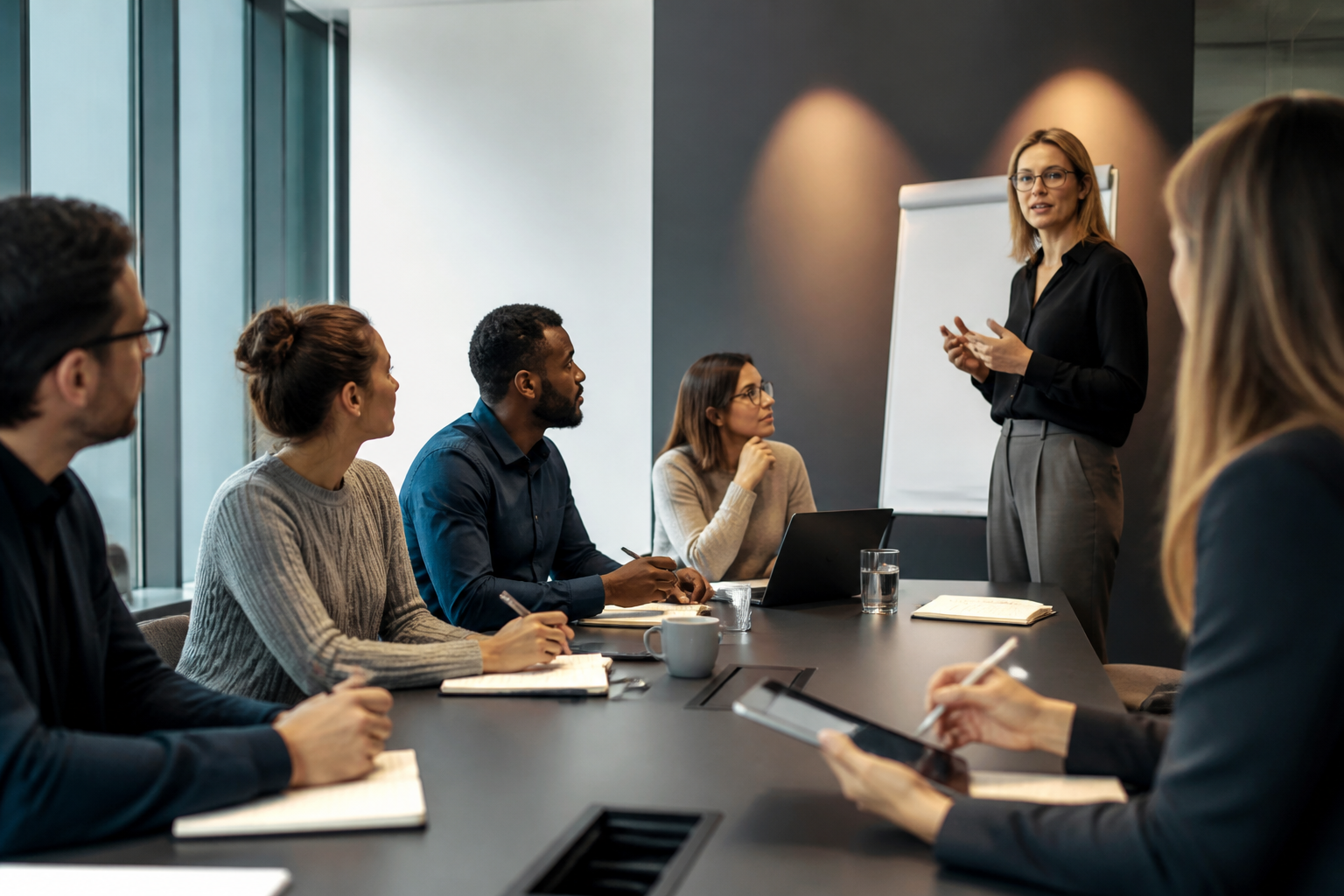 Professionnels en formation autour d'une table avec carnets et tablettes