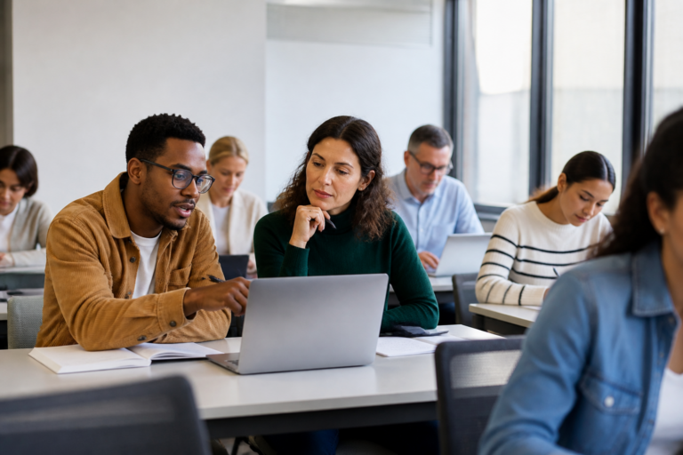 Groupe de personnes en formation professionnelle dans une salle moderne