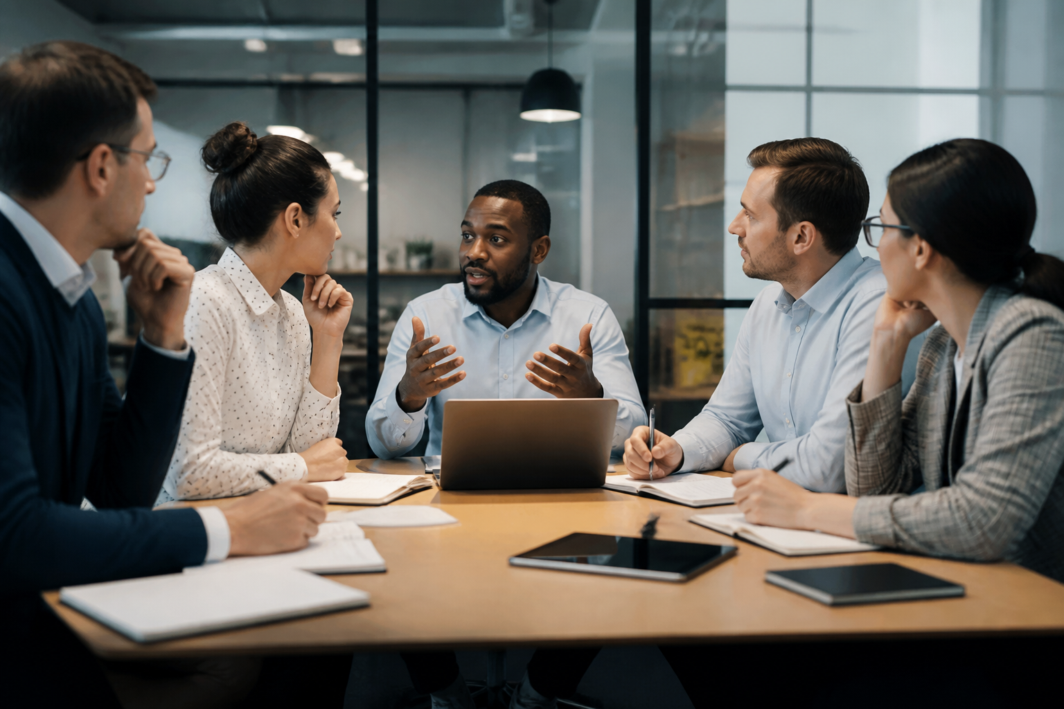 Réunion de managers en formation professionnelle dans une entreprise moderne