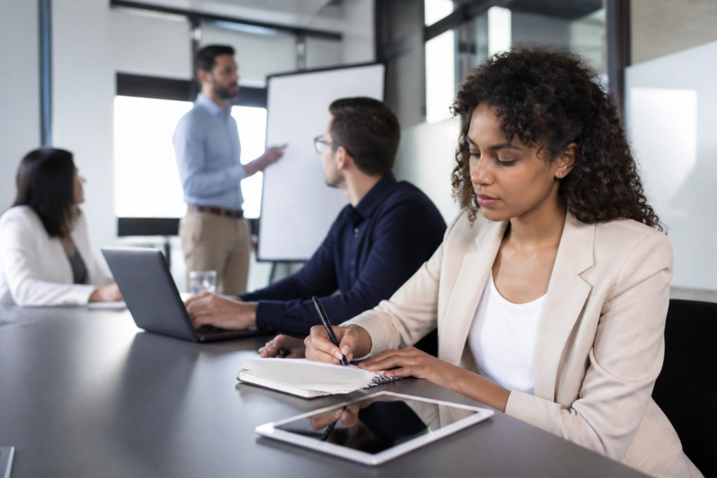 Participant à une formation professionnelle avec carnet et tablette
