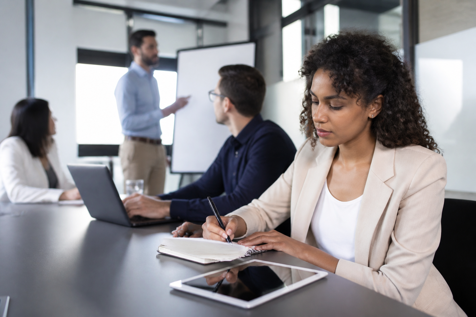 Participant à une formation professionnelle avec carnet et tablette