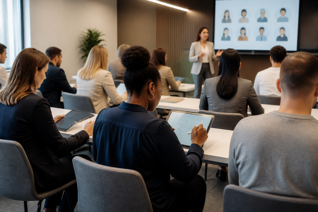 Personnes en formation assistant ressources humaines avec tablette et carnet