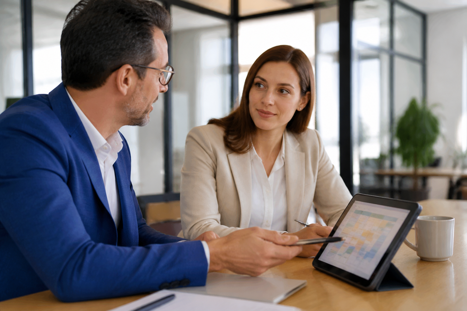 Manager et employé discutant d'un projet de formation avec tablette et documents de travail