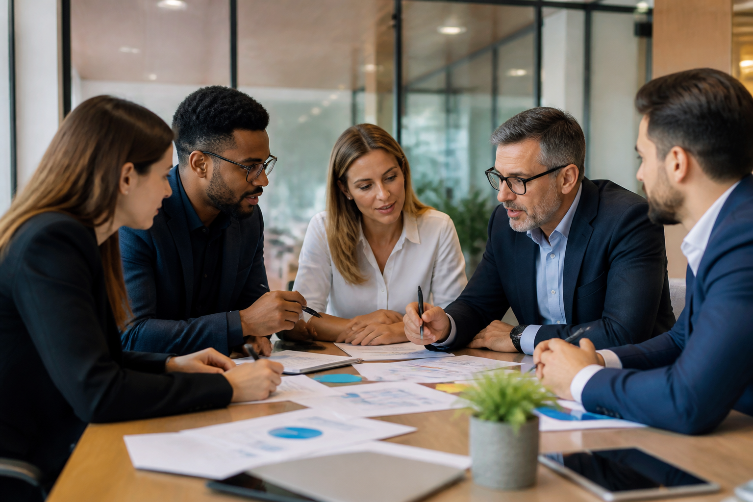 Groupe en réunion de travail autour d'une table avec documents