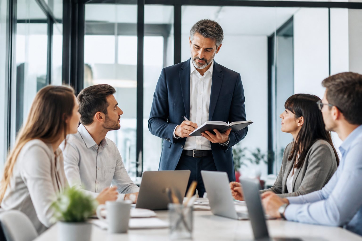 Manager et équipe RH discutant d’un projet de formation professionnelle dans un bureau