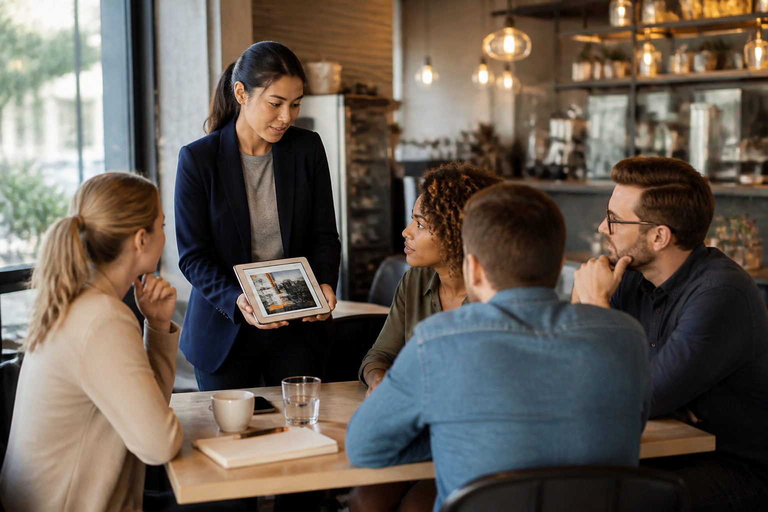 Réunion d'équipe en café avec manager présentant une formation sur tablette