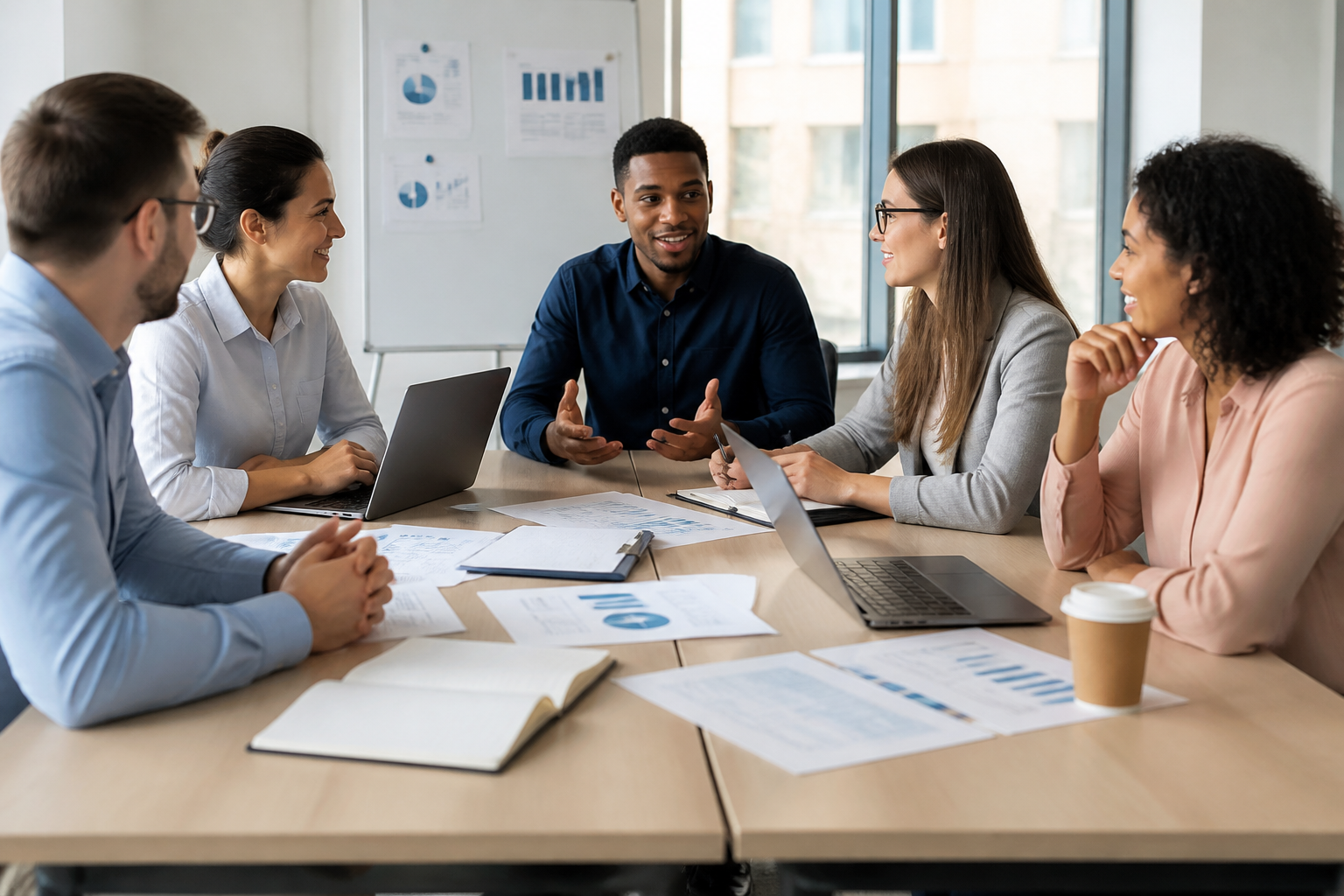Réunion d’équipe collaborative en milieu professionnel avec documents de formation