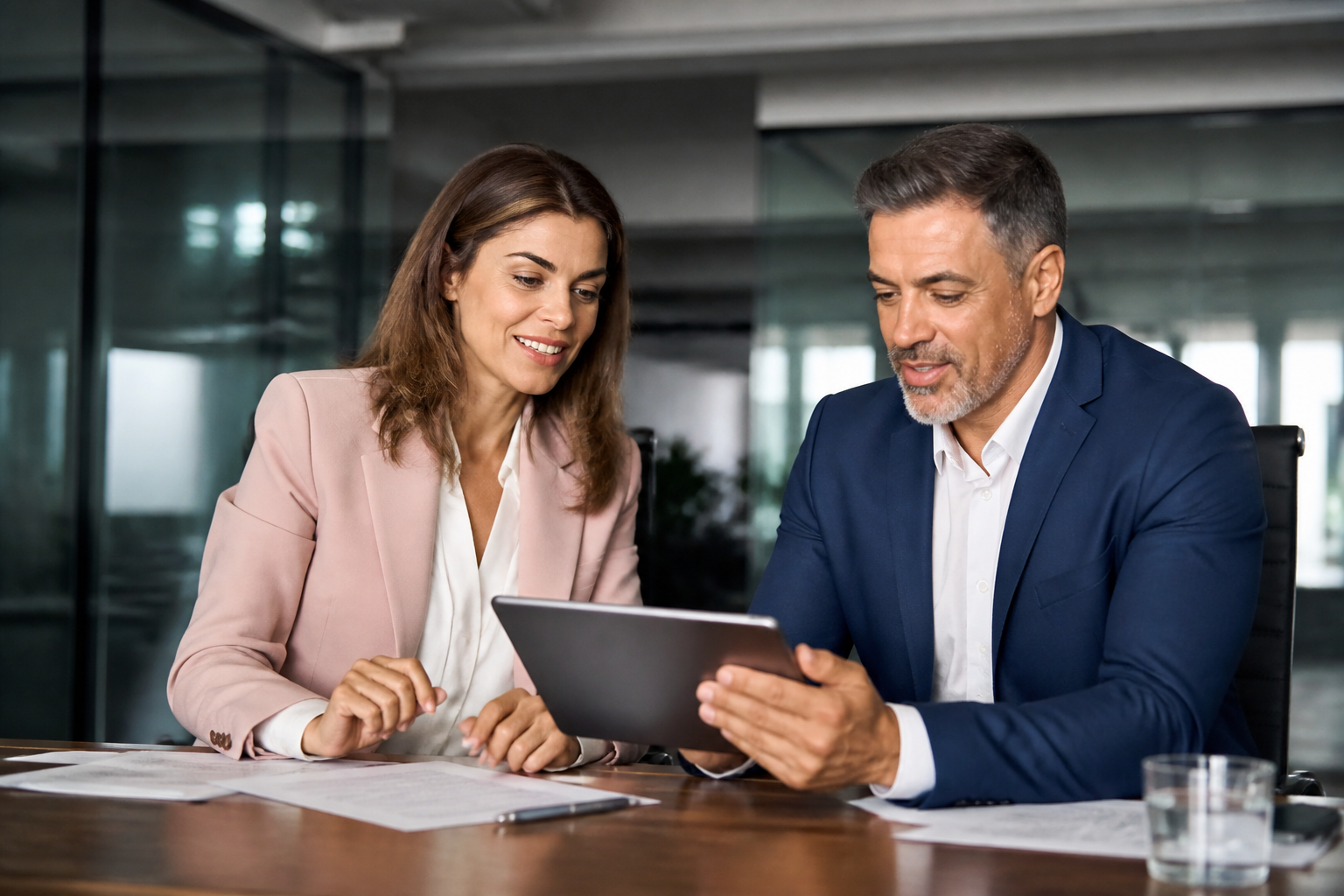 Manager et responsable RH en réunion de travail avec tablette digitale
