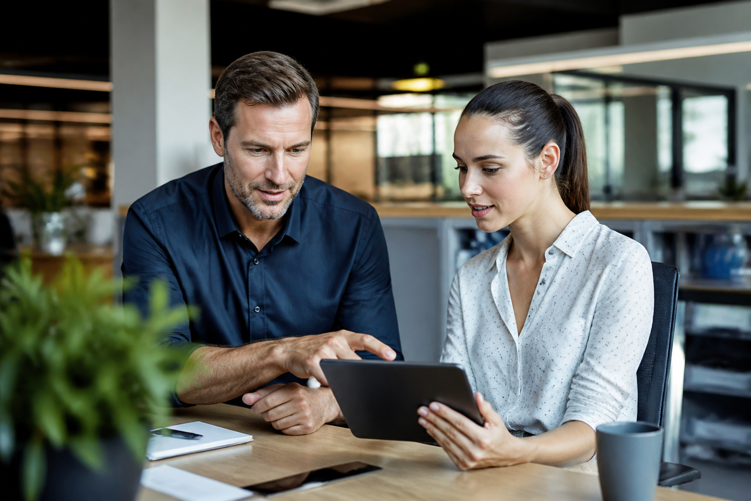 Manager et stagiaire de la formation professionnelle travaillant ensemble en environnement digital