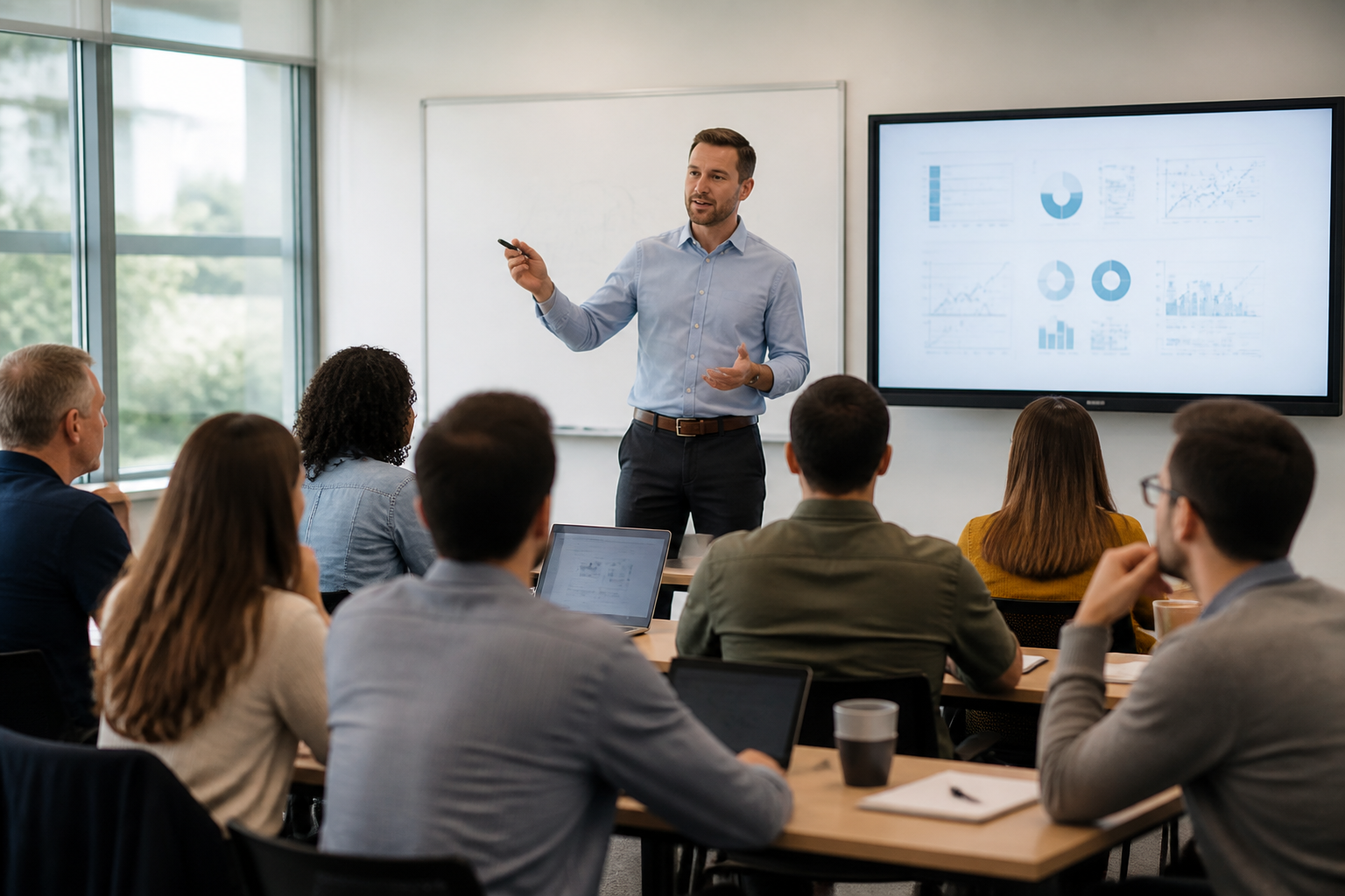 Formateur en pleine séance de formation professionnelle avec un groupe de stagiaires