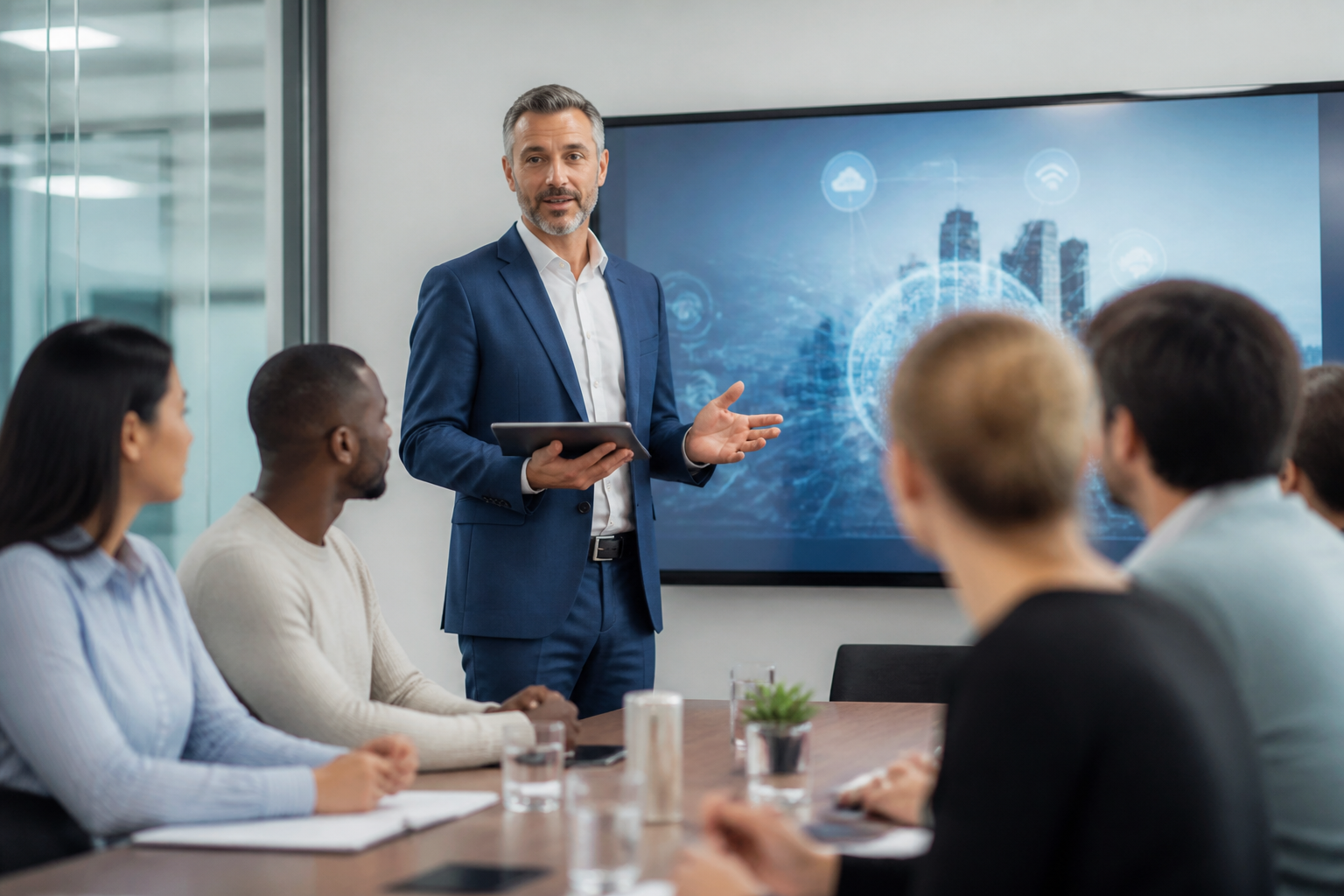 Manager présentant un projet de transformation digitale lors d'une réunion