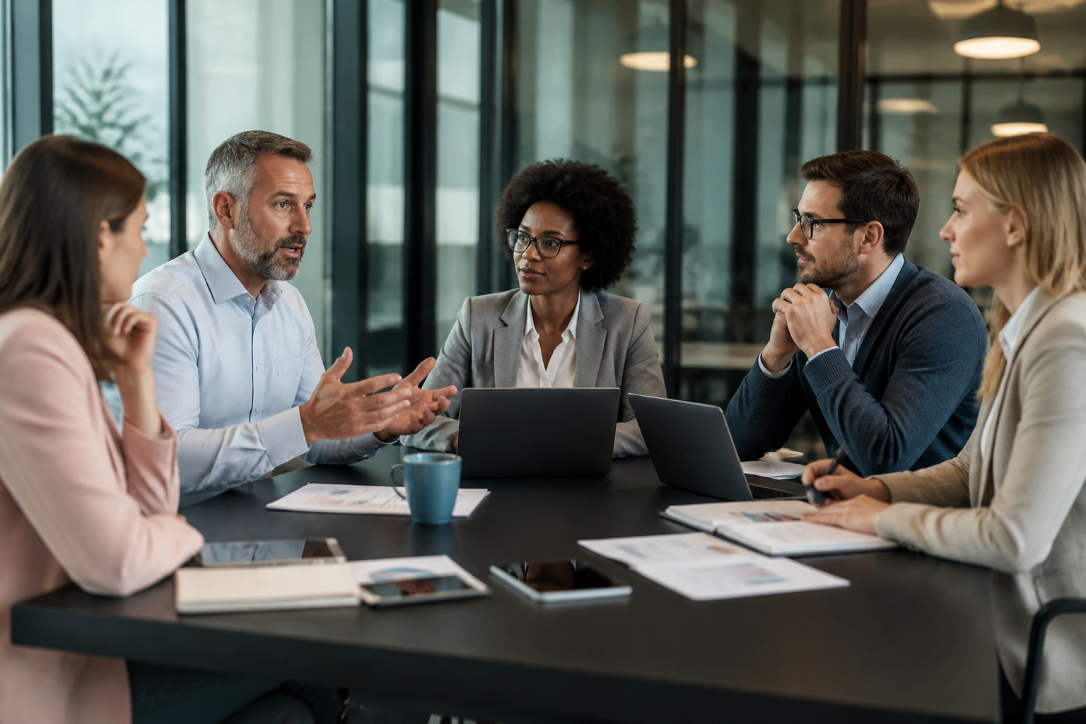 Réunion de travail entre managers et responsables RH pour choisir une formation