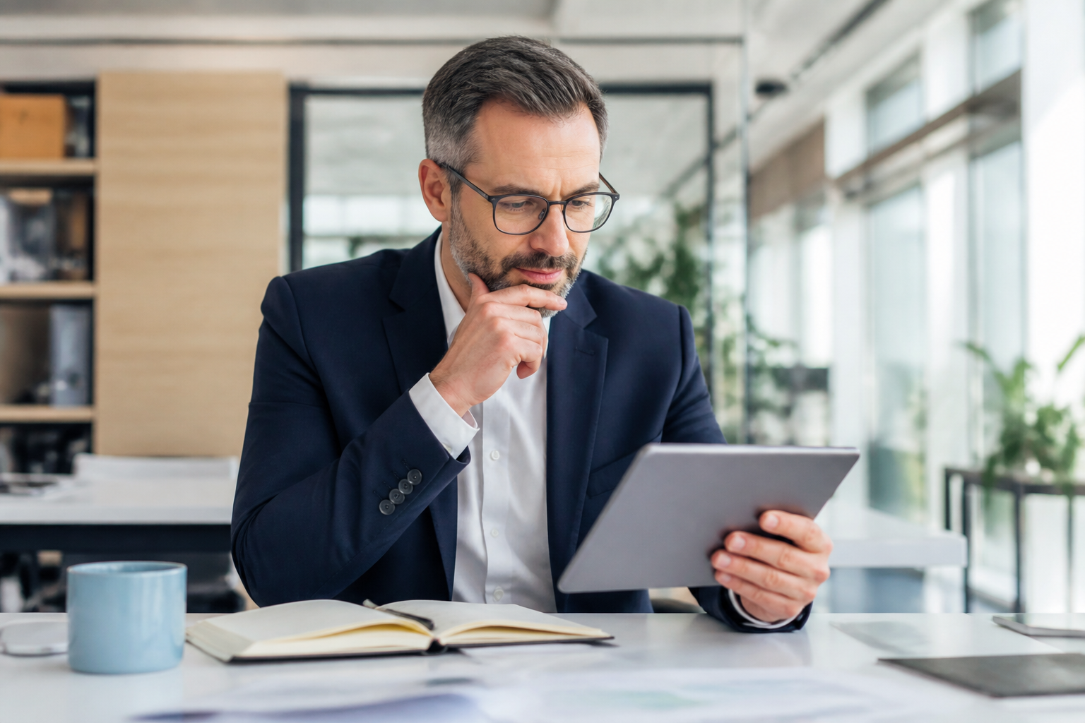 Responsable RH utilisant une tablette et carnet pour choisir une formation CPF en environnement de bureau