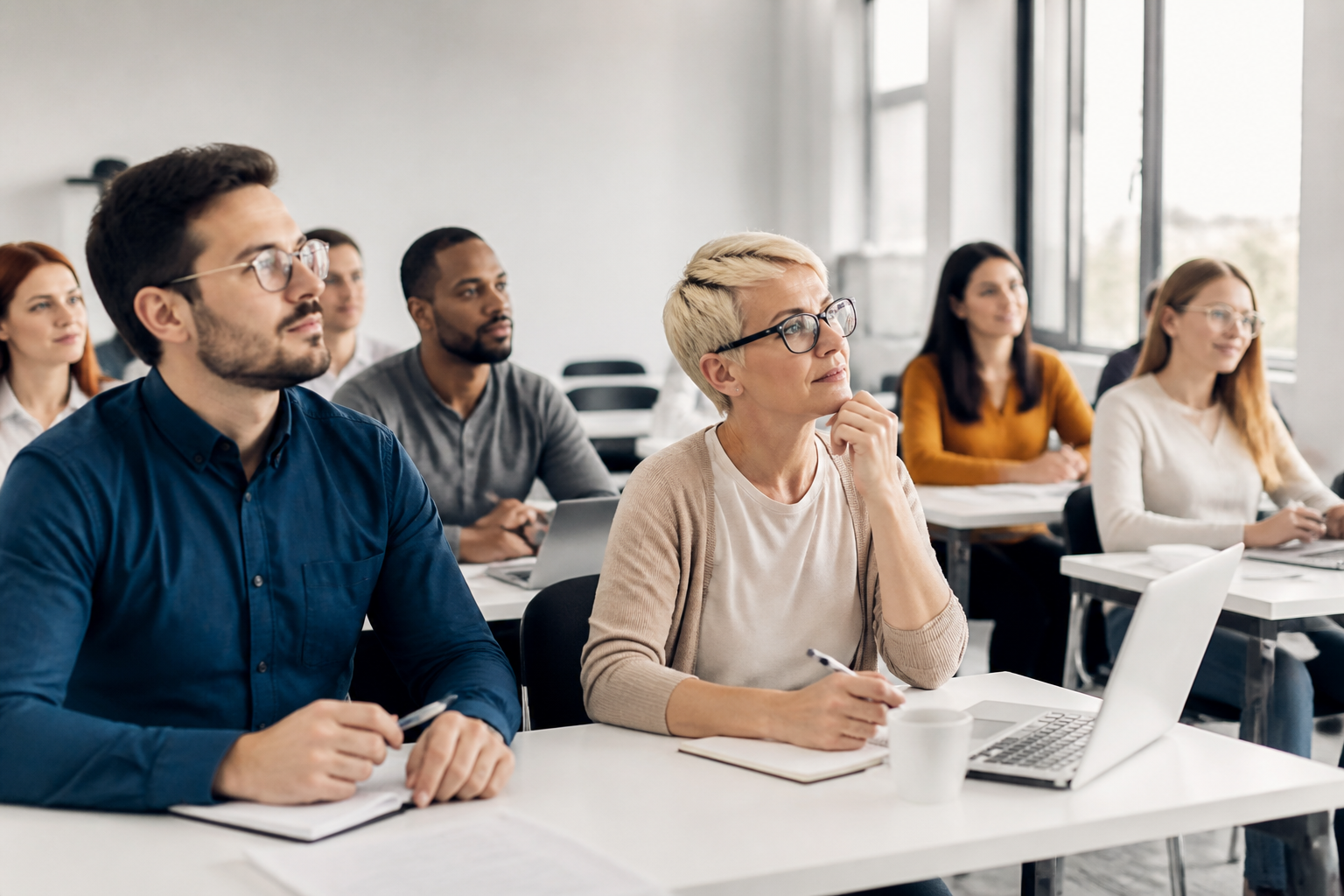 Groupe d'actifs en formation professionnelle dans une salle de cours