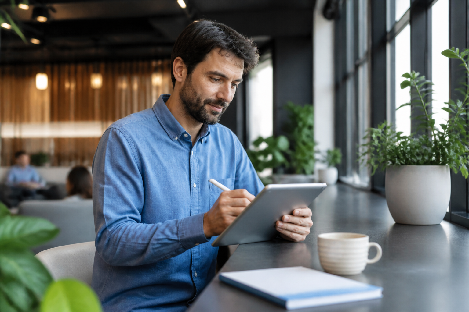 Consultant indépendant utilisant une tablette pour un projet de formation