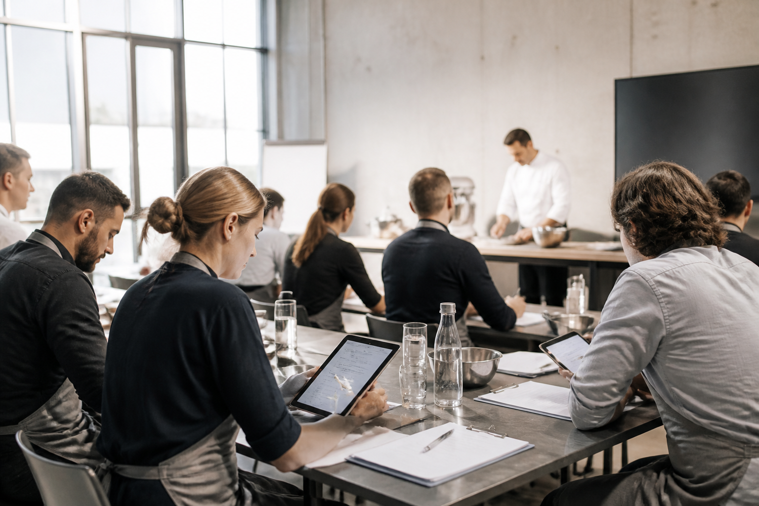 Atelier de formation dans un restaurant avec participants utilisant tablettes